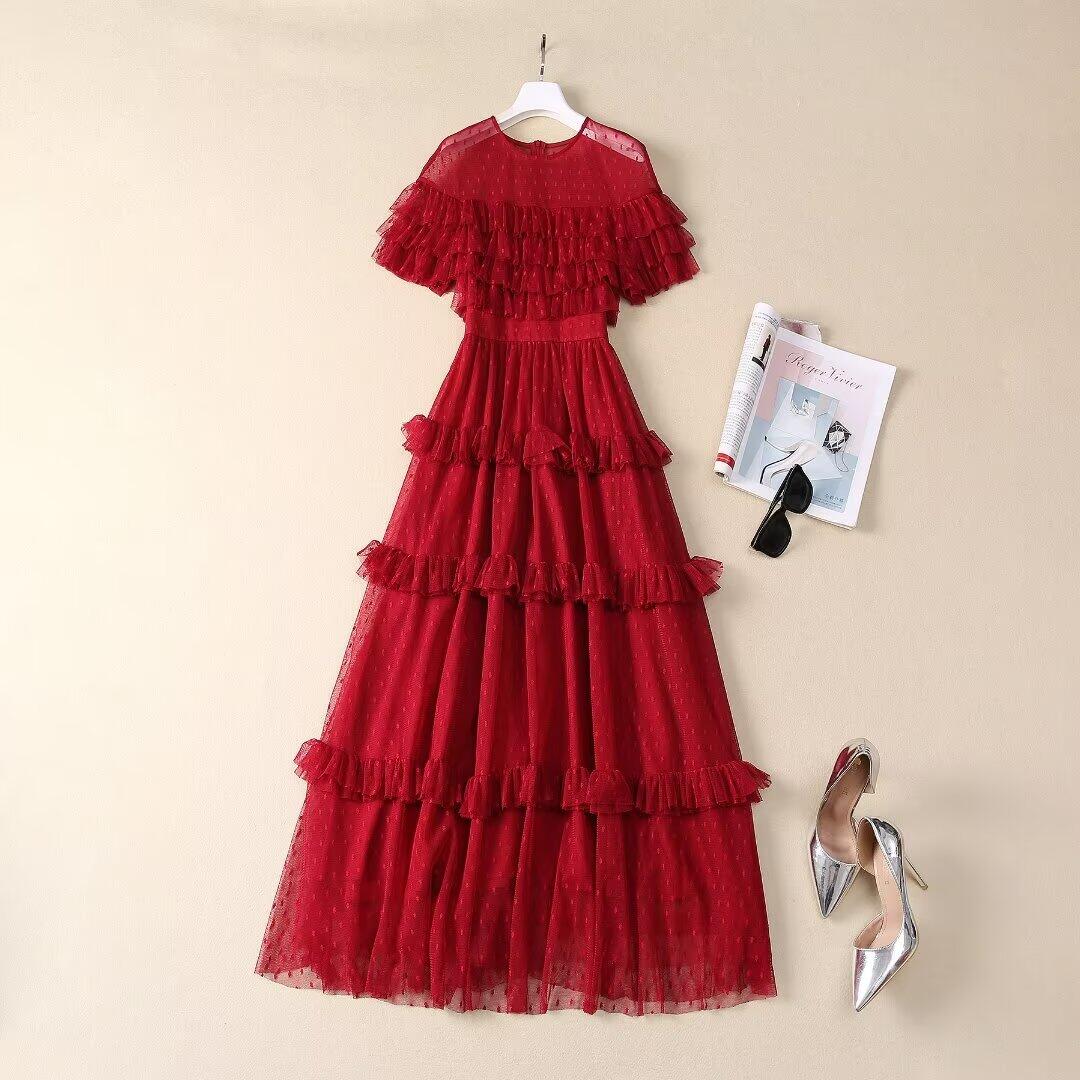 XXL Long Evening Dress 2025 Spring Fashion Style Women Polka Dot Mesh  Embroidery Cascading Ruffle Lace Patchwork Red Black Dress| Alibaba.com