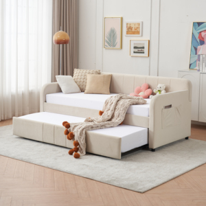 Sofá <span class=keywords><strong>Cama</strong></span> Individual Tapizado con Base de Madera y Soporte de Láminas, Ideal para Dormitorio, Sala de Estar y Habitaciones de Invitados, Color Beige - Product Image 3