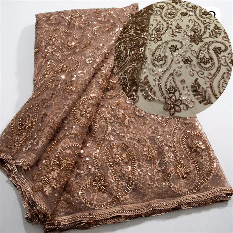 3798 kahverengi fransız lüks boncuklu dantel kumaş payetli nijeryalı örgü tül gelin malzeme için düğün elbisesi afrika dantel kumaş