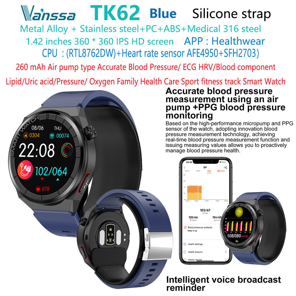 Montre intelligente bleue TK62-tension artérielle-ECG-santé