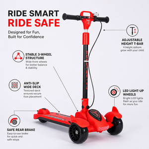 Trottinette pliable à 3 roues <span class=keywords><strong>en</strong></span> plastique pour enfants avec logo personnalisé, frein à main, hauteur réglable, cloche rouge pour garçons de 2 à 6 ans - Product Image 1