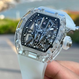 Montre mécanique squelette de luxe pour homme, de haute qualité, avec boîtier tonneau, bracelet en caoutchouc, cadran à aiguilles, tourbillon, pour affaires et sport - Product Image 1