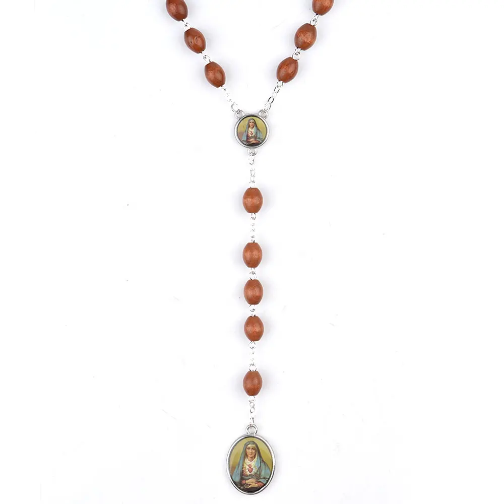 타원형 나무 페르시 기도 묵주 가톨릭 슬픔 세인트 메리 메달 갈색 묵주
