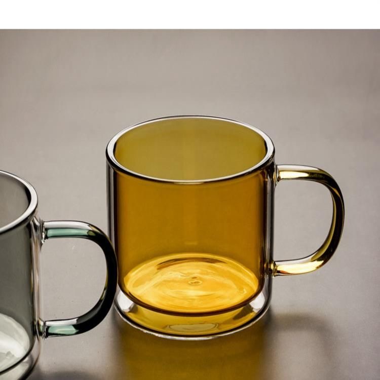 High Borosilicate amber solid colored double wall glass espresso coffee cup set with handle