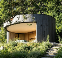 Pod de glamping rond en acier, maison mobile modulaire, maisonnette préfabriquée avec fenêtre incurvée entièrement vitrée pour forêt, jardin, complexe hôtelier, parc