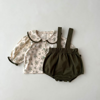 Combinaison bébé Angou, style coréen, automne, 0-2 ans, haut à col de poupée floral, salopette à bretelles, ensemble deux pièces