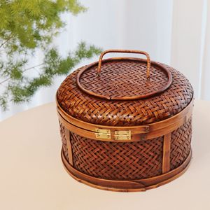 <b>Bamboo</b> Woven Storage <b>Basket</b> Round With Brass Clasp Kitchen Food Container - Product Image 2