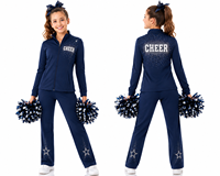 Setelan Pemanasan Cheer Custom Biru Dongker dengan Logo Berhias Rhinestone di Kedua Sisi, Jaket Full Zip, Celana Straight Leg, Set Latihan Tim