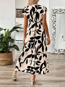 Vestido midi de verano para mujer con cuello en V, manga casquillo, estampado floral, cinturón y corte en A, estilo casual cruzado - Product Image 5