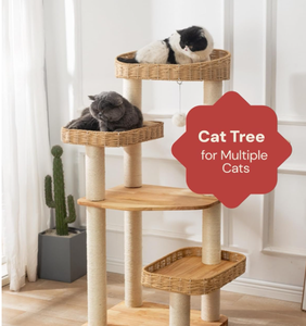 Luxe eco-vriendelijke moderne kattenboomtoren van rotan, gevlochten hout en sisal, klimpaal, krabpaal, <span class=keywords><strong>condo</strong></span> en krabplank voor katten binnen. - Product Image 4