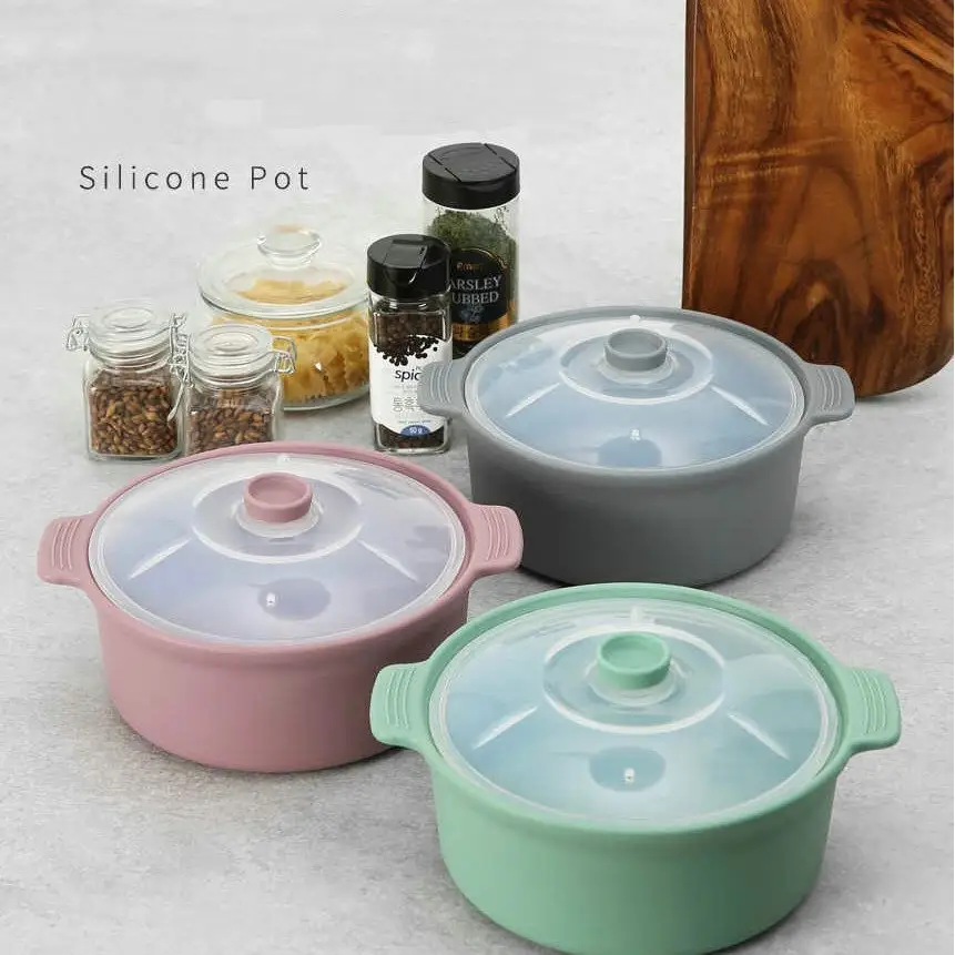 Vaso de silicone para microondas, frigideira de silicone com alça e tampa (conjunto de 2), fogão a vapor