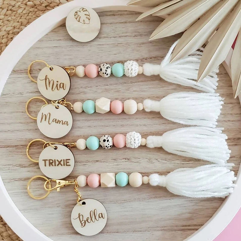 Personalized Pastel Silicone Beaded Keychain Bag Charm, OEM