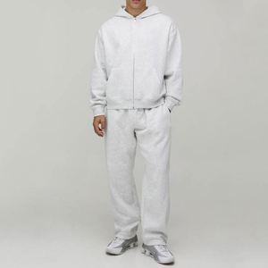 Ensemble de survêtement deux pièces pour homme, personnalisable, uni, avec sweat à capuche zippé et pantalon de survêtement coupe droite, couleur Heather clair - Product Image 1