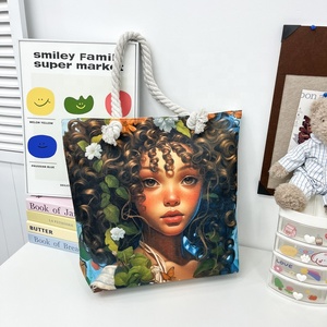 Groothandel Grote Capaciteit Vrouwen Canvas Zwarte Kunst Afrikaanse Meisje Print Draagtas Met Hennep Handvatten - Product Image 4