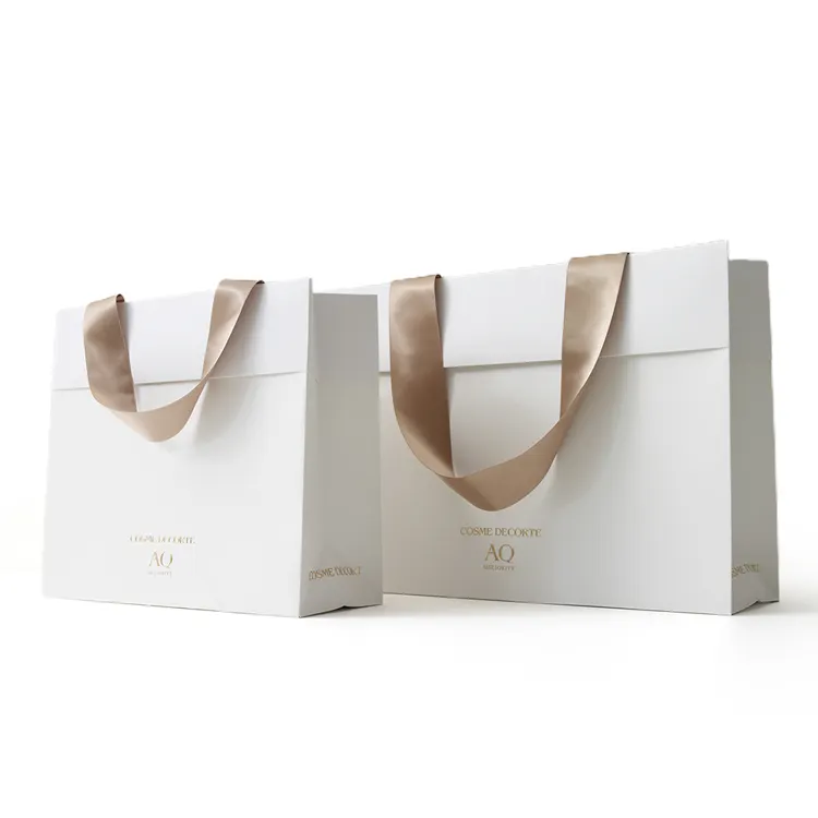 China Manufacturer White Luxury Printed Ribbon Handle Gift Bag Custom Shopping Paper Bag With Your Own Logo