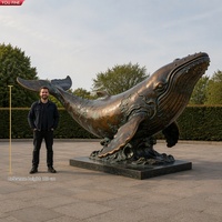 YOUFINE Grande Sculpture de Baleine à Dos Courbé en Bronze Patiné Antique avec Base Ondulée, Statue d'Animal Marin pour Parc en Bord de Mer et Aménagement Paysager Coastal