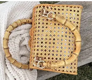 Bolsa tejida de mimbre con patrón octogonal, bolso tejido de mimbre para primavera y verano