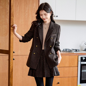 Women's Grey Suit <b>Jacket</b> Set With Pleated Skirt Solid Color Polyester Worsted No-Wrinkle Treatment Spring Autumn Casual Wear - Product Image 4