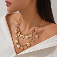 Collier Pendentif Cœur en Métal Faux Perle Style Européen-Américain, Bijou Niche Incrusté de Diamants, Croix et Cœur Pêche, Vente en Gros