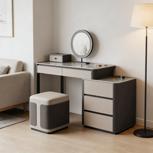 Cómoda italiana minimalista con superficie de piedra, tocador integrado de cuero y madera maciza - Product Image 2