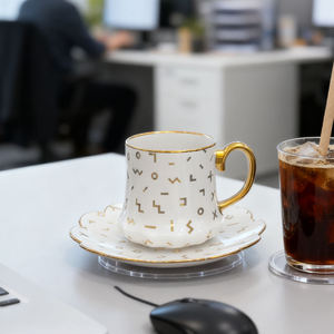 Tazza da Caffè in Ceramica Porcellana Bone China con Piattino, Design Esclusivo e Lussuoso, Personalizzabile, 90-350ml, Oro, per Cappuccino Pomeridiano - Product Image 4