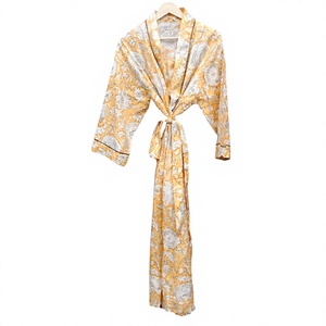 Robe Kimono Élégante à Imprimé Floral Longue en Satin pour Femme Col en V Manches Trois-Quarts Fermeture à Ceinture Printemps 100% Coton Séchage Rapide - Product Image 1