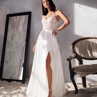 Robes de mariée NDB11154, robes de mariée coupe trapèze, robes sexy en dentelle, sans manches, fente latérale, col en V, taille personnalisable