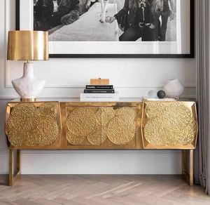 Aparador de Lujo Contemporáneo Estilo <span class=keywords><strong>Palacio</strong></span>, Mueble de Metal Pulido Dorado con Acabado Mate Martillado para Sala de Estar, Pasillo o Villa - Product Image 2