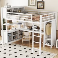Moderna Cama Alta Metálica de Tamaño Completo con Armario, Escritorio y Estantes de Almacenamiento, Ideal para Apartamentos y Dormitorios, Ahorra Espacio, Resistente, ODM OEM