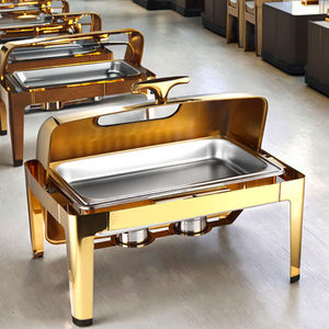 Plat à Réchaud en Acier Inoxydable Doré, Ensemble Buffet de Traiteur Rectangle Carré avec Couvercle Enroulable à Gaz, pour Hôtels - Product Image 1
