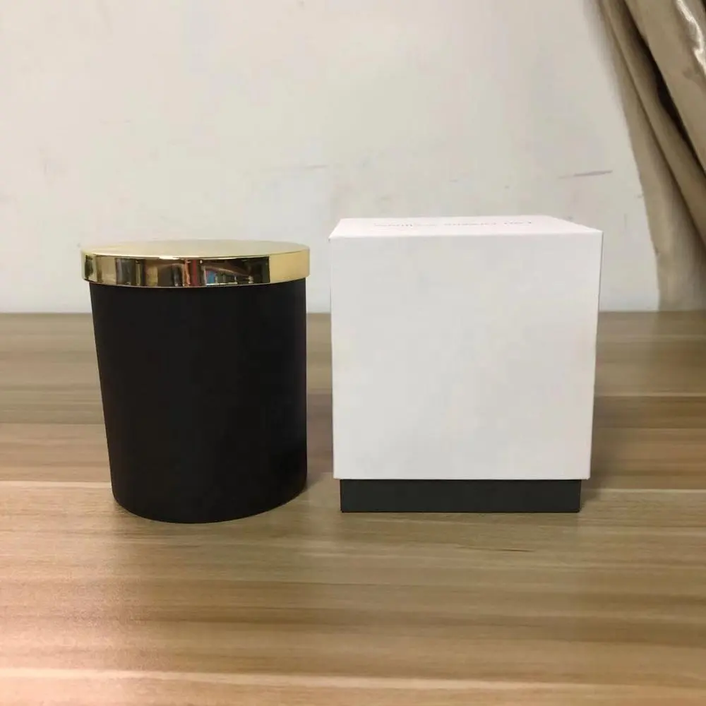 Tarro de cristal negro mate para Vela, tapa de Metal y oro con caja rígida blanca de calidad, 10oz, listo para enviar