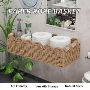 HT Home Decor <b>Rectangle</b> Paper Rope Eco-Friendly <b>Storage</b> <b>Basket</b> with 2 Wooden Handles for Shelves - Product Image 2