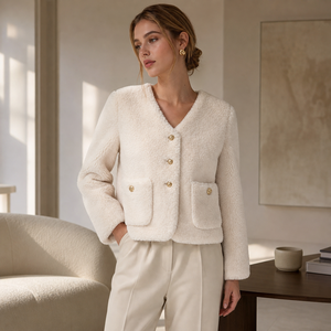 Veste en laine bouclée 100% blanche pour femmes, col en V, boutons dorés, poches, coupe courte, <span class=keywords><strong>manteau</strong></span> d'hiver luxueux - Product Image 1