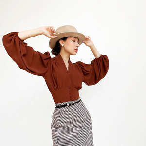 Chemisier Victorien pour Femme, Col <span class=keywords><strong>en</strong></span> V, Manches Longues Lanterne, Coupe Ajustée, Romantique et Élégant, Haut de Bureau d'Automne, Chemise de Travail, Vente <span class=keywords><strong>en</strong></span> Gros - Product Image 2