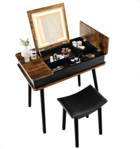 Juego de tocador de barra de luz LED moderna con tocador de almacenamiento de espejo abatible para dormitorio o mesa de maquillaje de madera de Hotel - Product Image 1