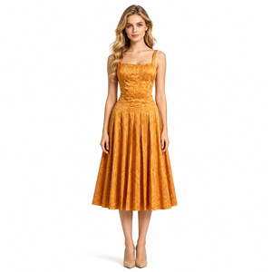Abito Midi da Donna Senza Maniche con Pieghe Profonde, Scollo Quadrato, in Jacquard Testurizzato, Linea ad A, per Cocktail Party, Stile Miyake - Product Image 2