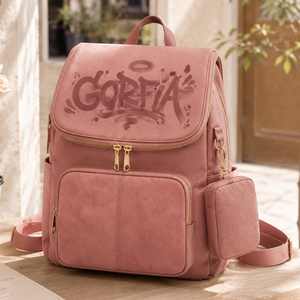Mochila de gran capacidad para mujer con bolsillo frontal con cremallera, bolsa de viaje informal rosa para compras - Product Image 1