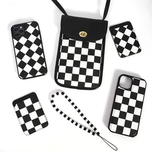 Diseñador de cuero tablero de ajedrez a cuadros blanco y negro conjunto de soporte de la correa del teléfono imán tarjeta billetera y bandolera bolsa de teléfono móvil