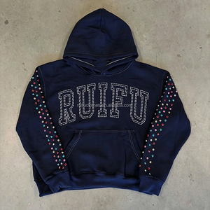 Sweat-shirts à capuche personnalisés de luxe avec broderie 3D en strass, effet relief, coupe courte et ample, imprimés, en coton, pour hommes - Product Image 2