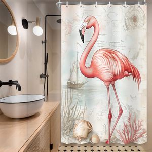 Hồng Flamingo rèm tắm Retro hải lý đại dương bản đồ san hô Seashell thuyền buồm phòng tắm Rèm phòng tắm trang trí nhà trong kho - Product Image 3