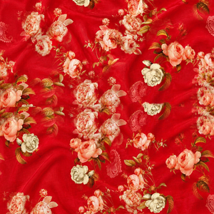 Tissu Mousseline Bio Premium Rose Rouge Grenadier Imprimé Numérique Motif Fleur de Rose Vintage Écologique Léger - Product Image 1