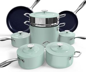 Juego de Utensilios de Cocina Antiadherentes de Cerámica y Aluminio Ligero de 13 Piezas, con Tapas de Vidrio, Resistentes al Calor, con Asas de Acero Inoxidable, Aptos para <span class=keywords><strong>Horno</strong></span>, Libres de PFAS - Product Image 1