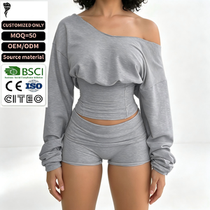 Conjunto de Dos Piezas Personalizado: Top Corto y Mini Shorts de Cintura Alta con Pliegues, Estilo Casual de Verano, Hombros Descubiertos y Manga Larga - Product Image 1