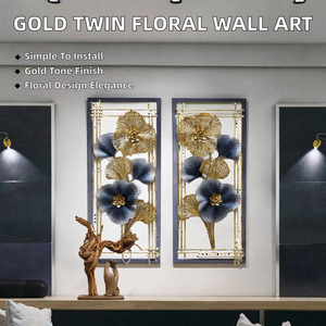Orrizen Set 2 Gold Finish Modern Twin <b>Frame</b> Metal <b>Wall</b> Art Large 33"-40" Elegant Floral Design Durable Washable <b>Wall</b> Hangings - Product Image 2
