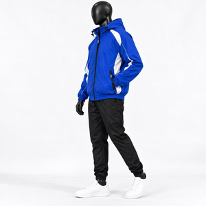 Veste coupe-vent à capuche bleue pour homme avec rayures blanches, fermeture éclair, style sportif, respirante, en polyester, pour l'hiver - Product Image 1