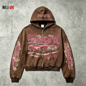 Nueva Sudadera con Capucha para Hombre de 400 g/m², Estilo Vintage con Lavado Ácido, Estampado Gráfico Desteñido, Sudadera con Cierre, Estilo Casual Hip Hop Urbano - Product Image 2