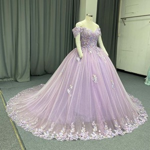 Lsany286 Lavender Quinceanera <b>Dress</b> 3D Floral Lace Applique <b>Ruffled</b> Sleeve Glitter Tulle Ball Gown Scalloped Hem Jancember - Product Image 4