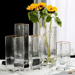 Vase à fleurs en verre de cristal avec traçage d'or européen vase à plantes hydroponiques épaissies carrées claires pour la décoration de table de mariage à la maison