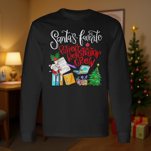 Camiseta de manga larga navideña con estampado digital de la tripulación de registro de pacientes favorita de Papá Noel, unisex para adultos, cuello redondo - Product Image 3