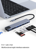 Hub USB-C 8-en-1 en alliage d'aluminium gris OEM ODM avec prise en charge USB 2.1/2.0, USB 3.0/2.0, charge PD et lecteur de carte SD - En stock